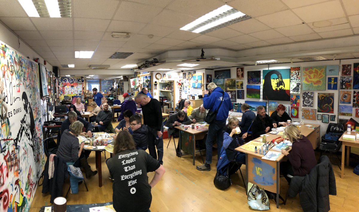 Such a brilliant workshop today!! Phew we were busy! It was so good to see so many people get involved and create some masterpieces lead by the awesome @tenbytom #art #community #veterans #haverfordwest #TimeToTalkDay