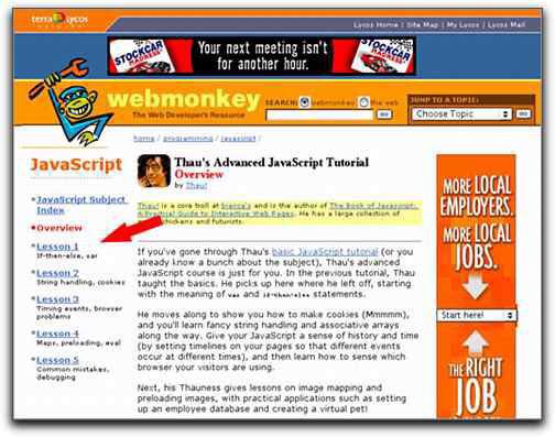 circa 1998-2001 page called webmonkey with tons of tutorials for making web pages. this is a javascript tutorial