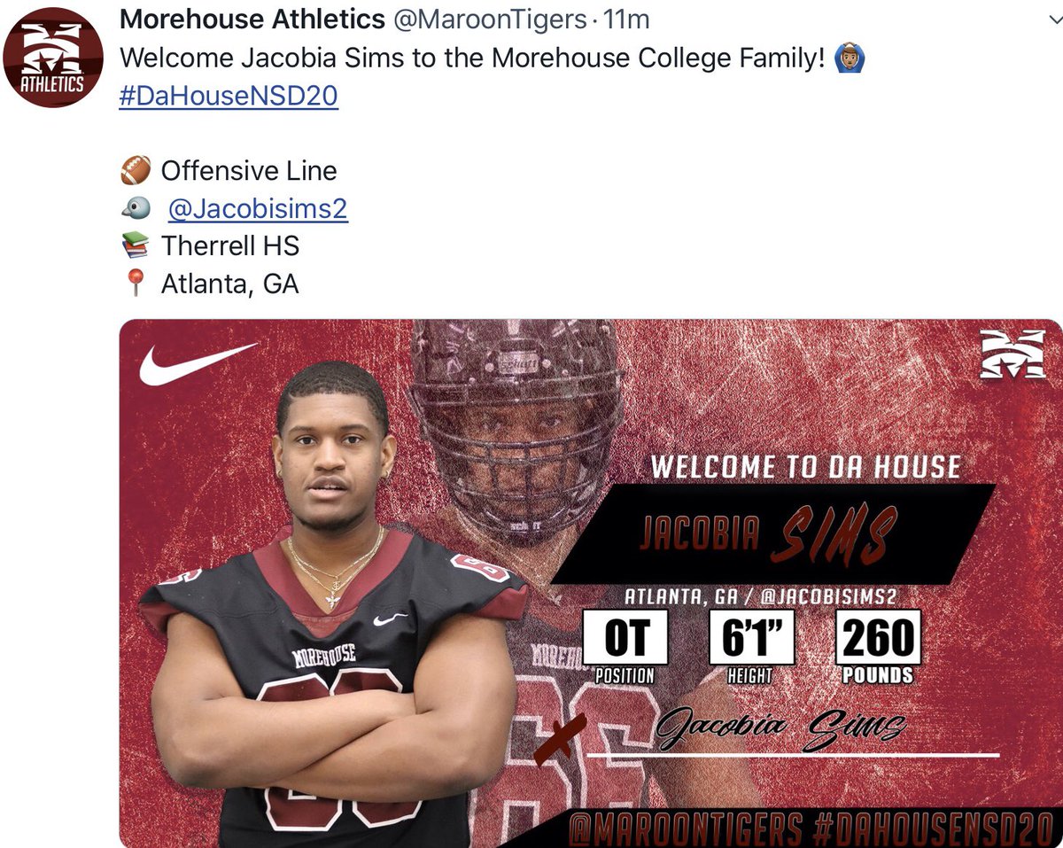 Jacobisims2's tweet photo. @RecruitGeorgia @therrellfball @therrellathlet1 @MaroonTigers @HouseRecruiting @BigFaceSportss @MorehouseFB https://t.co/l7V4RRkaFz