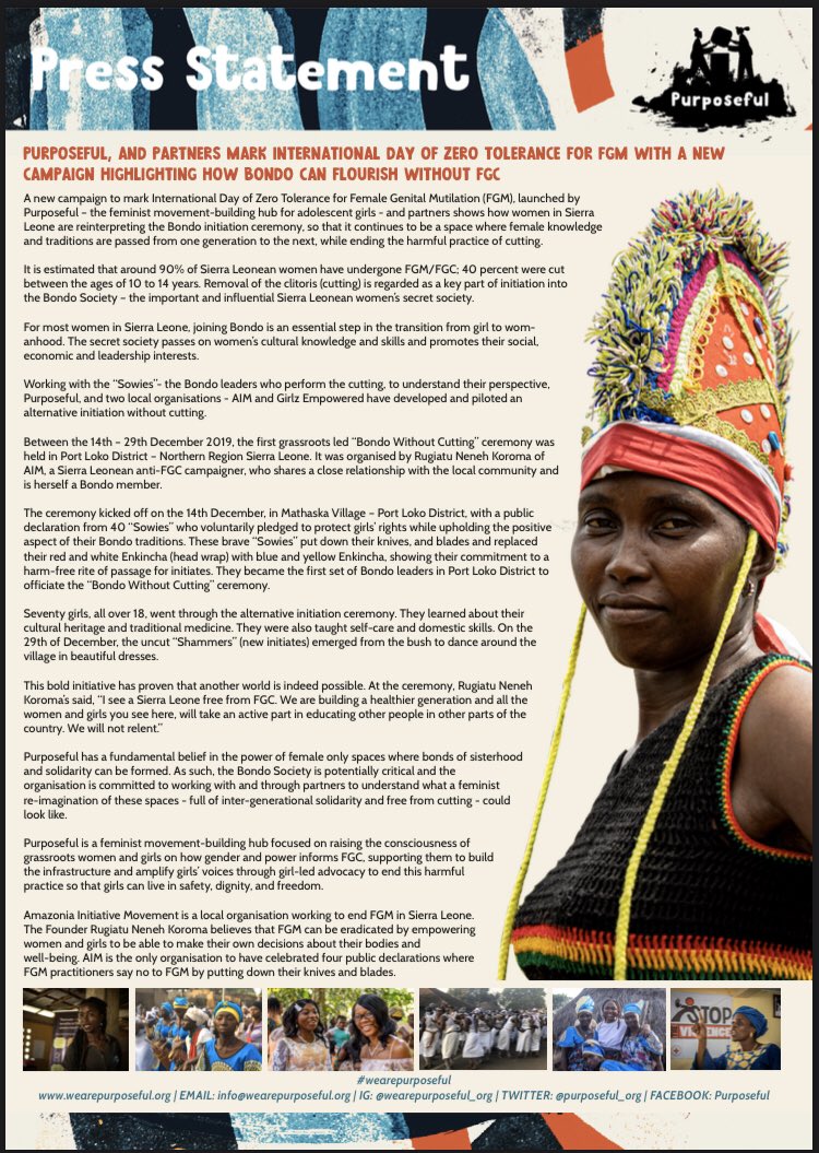 Purposeful_org's tweet photo. Purposeful and partners mark International Day of Zero Tolerance for FGM with a new campaign highlighting how Bondo - an important and influential Sierra Leonean women’s secret society, can flourish without Female Genital Mutilation/Cutting. 
#WeArePurposeful
#ZeroTolerance4FGM https://t.co/W1Xz03x8di