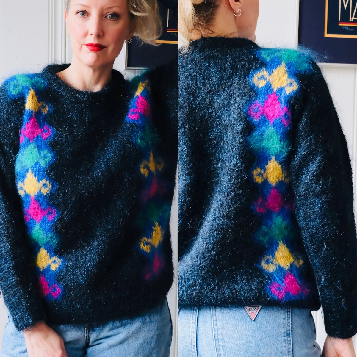 JUST LISTED! 80s Vintage Ellette Navy and Neon Mohair Wool Sweater Medium etsy.me/3bbTujw #AngoraSweater #RainbowCardigan #HandKnitSweater #80sSweater #KnittedSweater #FuzzySweater #80sNeonSweater #RetroSweater #80sRainbowSweater #GraphicSweater