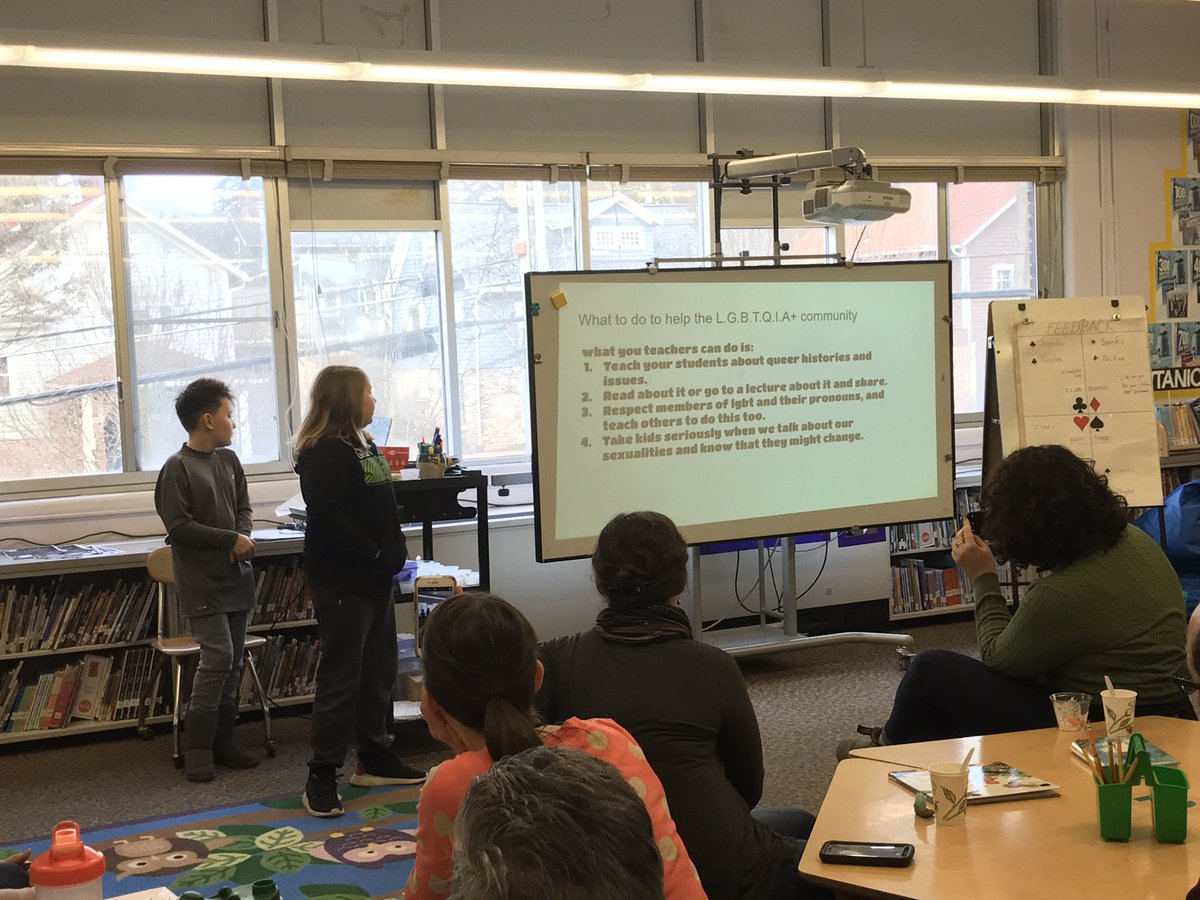 MrAlexScher's tweet photo. #BlackLivesMatterAtSchool day 3. Students from the LGBTQIA+ affinity group @BelleShermanES  presenting at staff meeting.  Students shared practical ideas about how to make classrooms more affirming-gender pronouns at morning meetings sounds like a great start! #ICSDEquity https://t.co/D0rWaecmW7