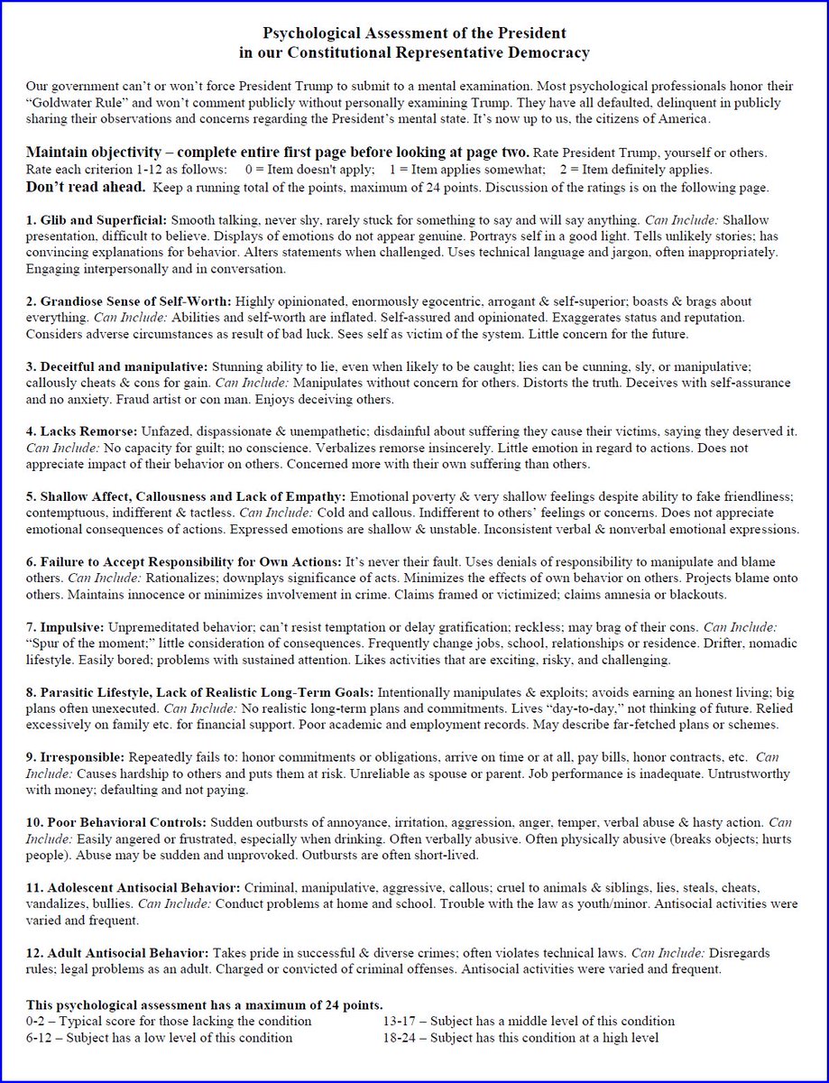 GPaine555's tweet photo. @gretchenwhitmer If you rate Trump highly on this assessment you will see additional ramifications of the Senate vote on impeachment. Trump's drive towards vengeance may take us to some very dark places. @GovWhitmer Use the photos or follow the link: https://t.co/x8rtau3hdH https://t.co/2jMnH1aWem
