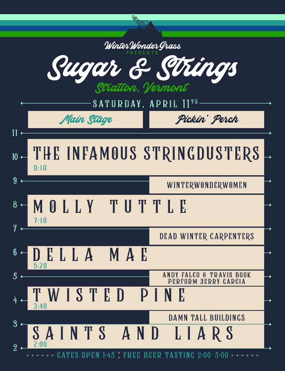TwistedPineBand's tweet photo. Oh danggggg, look at this schedule for @WWGfestival in Stratton Vermont on April 10-11! Get tickets now, because we hear through the grapevine there's gonna be a price bump on Tues 👀 https://t.co/F2LvUkA2zW
#WinterWonderGrass #StrattonVT #Vermont #Bluegrass #Americana #WWG https://t.co/HScHk3fUVI
