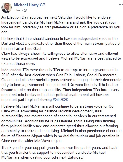 I would like to thank <a href="/mhartytd/">Dr Michael Harty TD</a> for backing me in this election. I would also hope that Dr. Harty's work on health policy, in particular primary care, will form the basis of future Government health policy.

#GE2020 #Clare