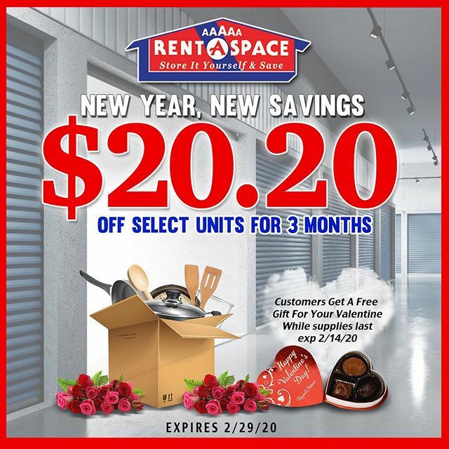 5ASpace's tweet photo. This month stop by one of our 5A locations and receive $20.20 off select units for 3months. Also pick up a nice gift for your Valentine while supplies last. https://t.co/DKGgiYkXOR https://t.co/nraaoVXPjq