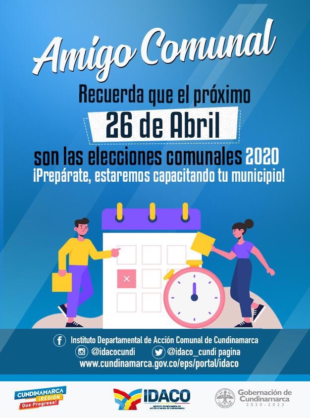 Elecciones Comunales 2020  🗳 ||

Amigos comunales de Cundinamarca 
Recuerden que el próximo 26 de Abril son las elecciones comunales 2020.

Prepárense para recibir capacitación en el municipio correspondiente . 

#Cundinarmarca #RegiónDeProgreso
#EleccionesComunales2020