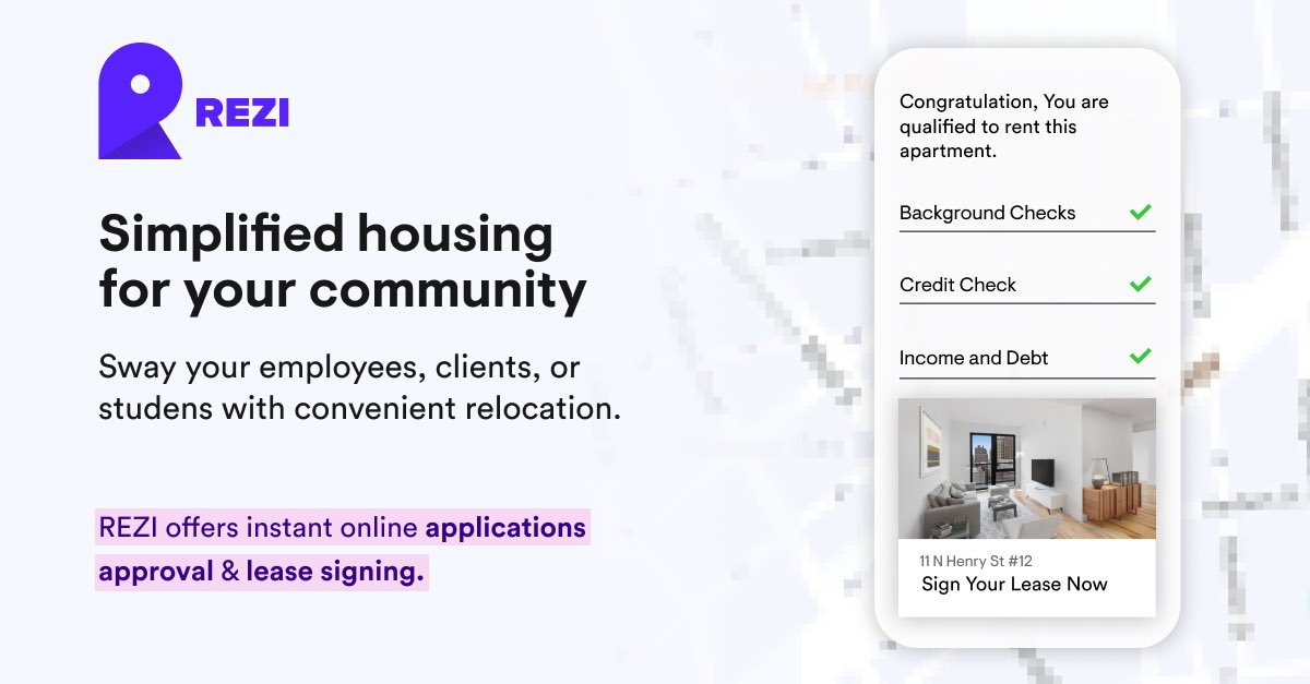 RentRezi's tweet photo. Work with REZI to find the perfect home for your recruits, employees, or students! 

Tenants can find the perfect home, get instantly approved, and sign their lease all online at https://t.co/mDhP3NCzB5

#corporatehousing #hr #rent #relocate #nyc #newyorkcity #students https://t.co/xPYBMqXO8Q