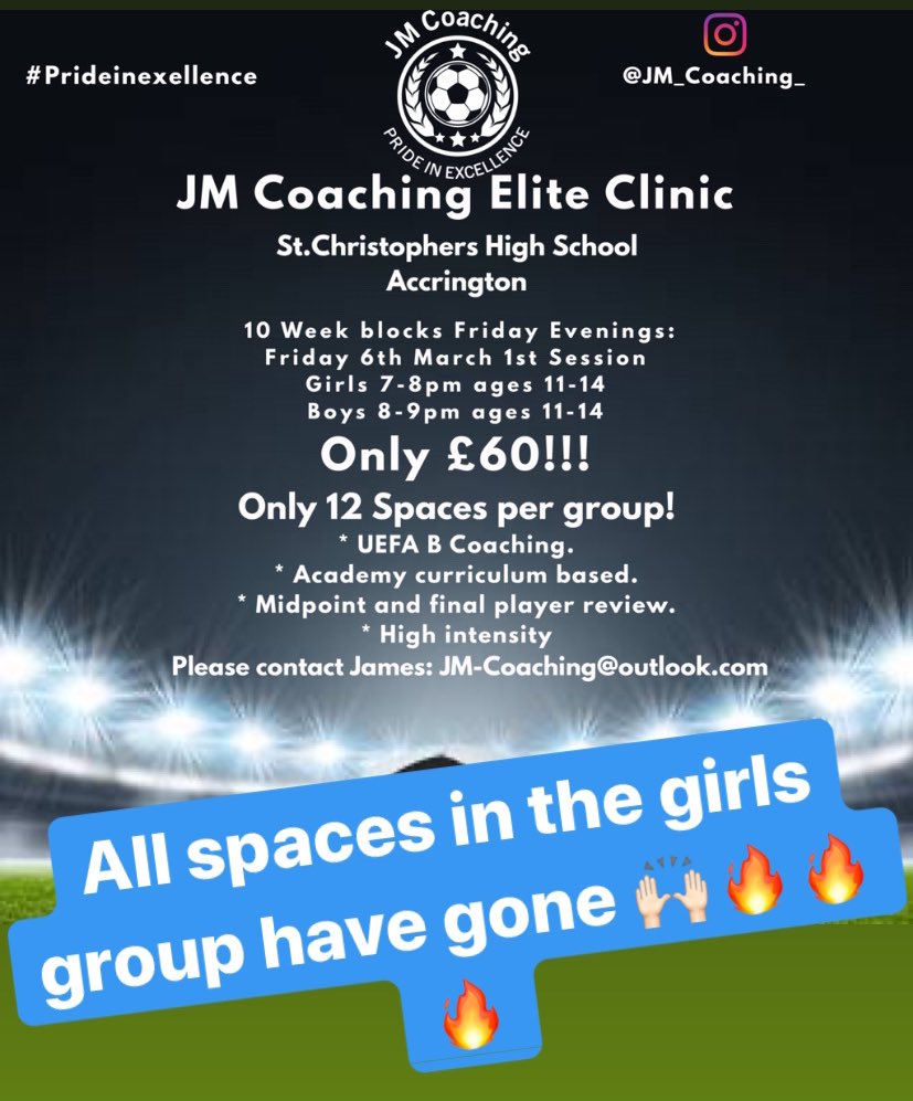 JM_Coaching_'s tweet photo. Full Class!!! All the spots for the girls have gone, can’t wait to get going 💪🏻🔥⚽️ Boys still have 4 spots left. #football #coaching #development #workhardplayhard #raiseyourgame #JMCoaching #PrideinExcellence https://t.co/JRZ7wZEJk1