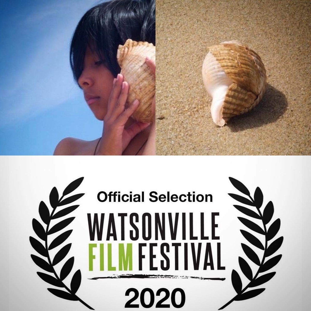 PicCollage. Picture of boy holding a Seashell  to his ear. Picture of Seashell on beach. Film Festival Laurels.