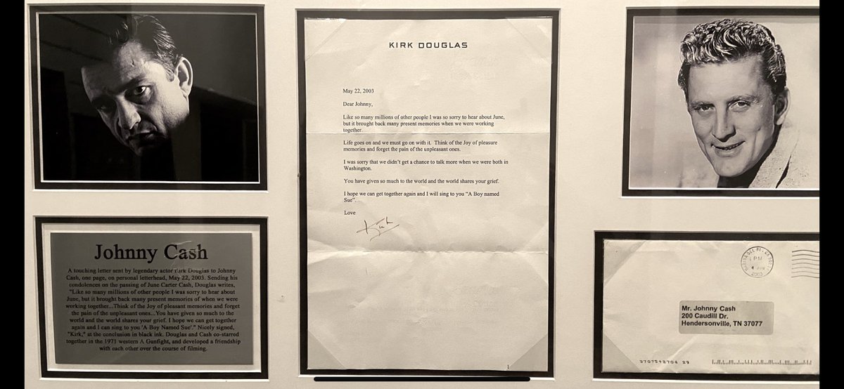 johnrich's tweet photo. Farewell to one of the all time greats, #KirkDouglas This is a letter from him to #JohnnyCash that hangs in my house. Zoom in and read the words from one icon to another. Incredible! #ripkirkdouglas #spartacus https://t.co/Mq8vSKC6uy