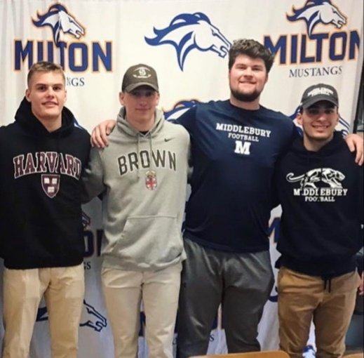 Congratulations to our seniors that signed their #NLI today. Jake Willcox(Brown), Mitch Gonser(Harvard) Kyle Santiago and Patrick O'Neill (Middlebury). #MiltonAcademyFootball
#MAMustangPride