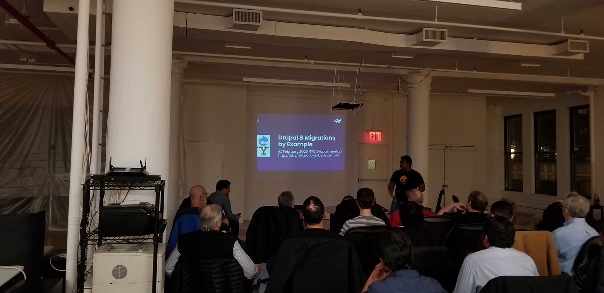 DrupalNYC's tweet photo. #DrupalNYC Mauricio Dinarte @dinarcon on Drupal 8 Migrations by Example https://t.co/54Bos4GGFC