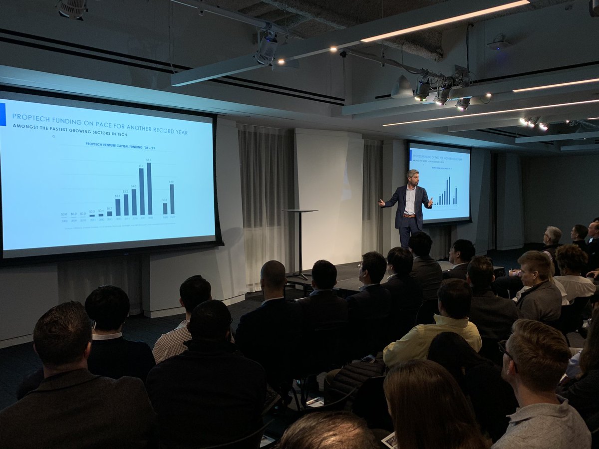 RJSBaxter's tweet photo. The High Priest of #PropTech @ZacharyAarons dives into his annual State of Union. So much momentum!

His 2020 predictions:
- 1st close w/o wet signatures
- @Airbnb IPO or #DiePO
- 1st carbon neutral bldg
- 1st #3D printed structure on Mars...in 2174

#MPDemoDay #NYC #PropTech #VC https://t.co/vpRpYEsV0n
