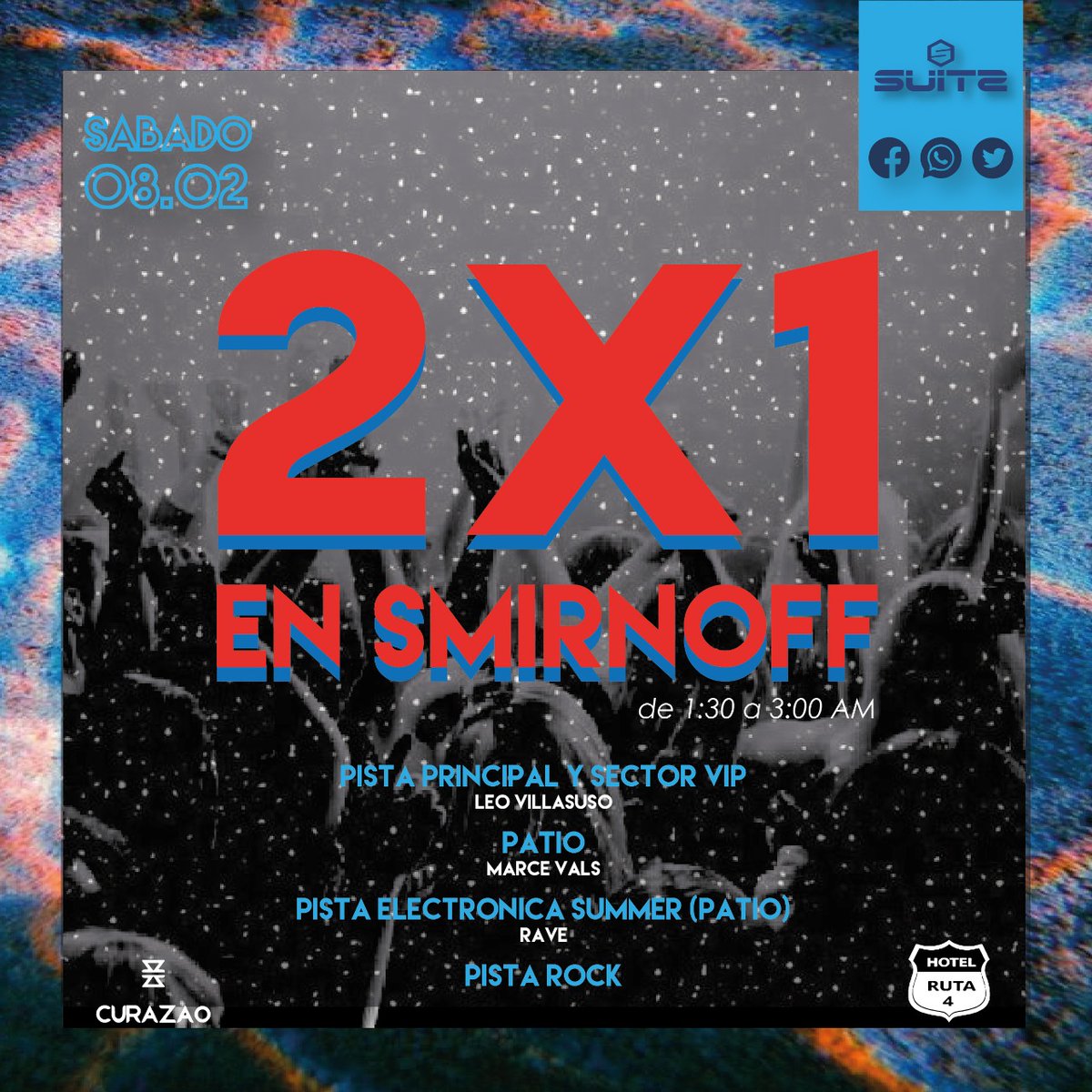 Se acerca el Sábado, prepárate porque ya comenzamos a armar una gran noche!!! Siempre pensando en nuestros amigos del club, para que que cada salida sea distinta a todas, por esa misma razón SUITS te ofrece "2x1 en Smirnoff hasta las 3 am"

#SÁBADODESUITSCLUB