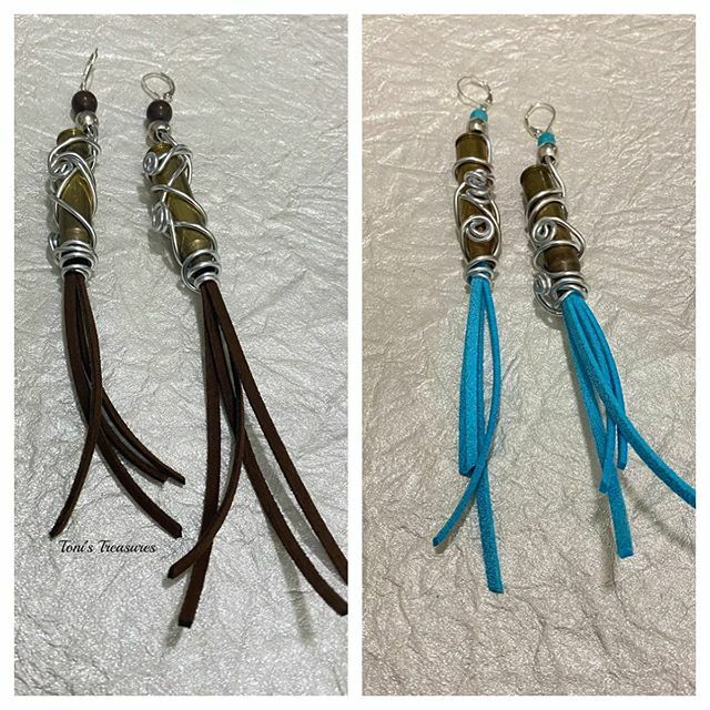 tonistreasure's tweet photo. Wire wrapped shell casing tassel earrings.  Available in brown, turquoise and black (not shown) 
Great for rodeo $18  order here #tonistreasuresuniquehandcraftedjewelry #shellcasing #tasellearrings #rodeofashion https://t.co/OLyNl4iM7G https://t.co/CHMhTBll4q