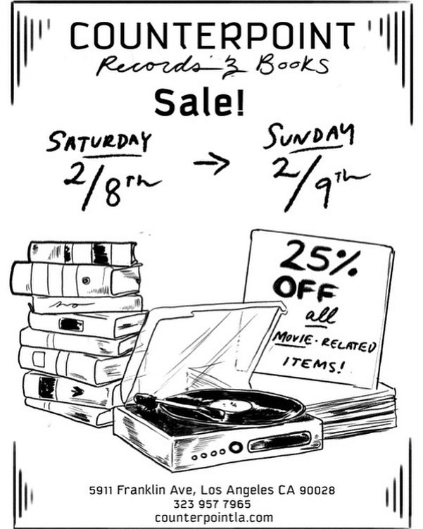 Counterpointla's tweet photo. This weekend!
25% off all Movie Related items in the store and join us Saturday for compliments coffee and donuts from @kettleglazed 🍩☕️🎟🎞📽 https://t.co/BVlICRa2Ip