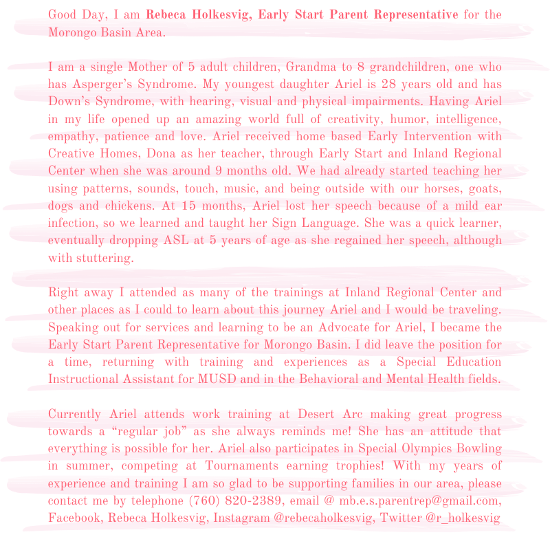 EarlyStartFRN's tweet photo. Rebeca Holkesvig is a Parent Representative for the Morongo Basin Area. She can be contacted at telephone (760) 820-2389, email at mb.e.s.parentrep@gmail.com, Twitter @r_holkesvig or by the @earlystartfrn at (800) 974-5553.😊 SWIPE RIGHT FOR HER BIO. #ParentToParentSupport #esfrn https://t.co/z7E8wxQlbo