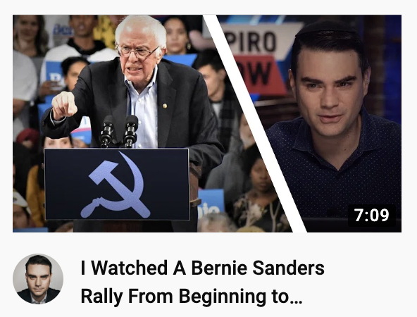 Progress_Review's tweet image. Ben Shapiro edits his thumbnail to make it look like Bernie has a hammer and sickle on the front of his podium. These right-wingers love misleading their own audience.