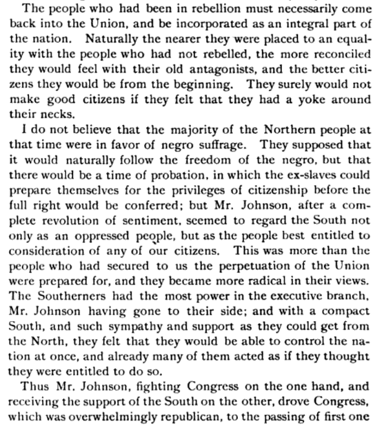 Grant’s thoughts here on Reconstruction are really something. African-American suffrage was necessary mostly to check President Johnson and the intransigent South?!14/?
