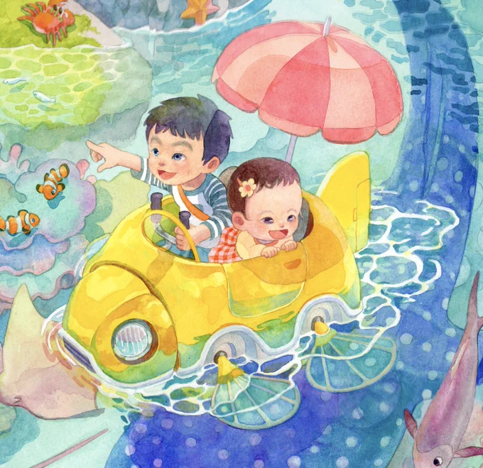 【お仕事紹介】 ご自宅に飾られる絵のご依頼です。 元気で可愛いご兄妹を描かせて頂きました。色彩豊かな海の上を探検中。 一緒に暮らす猫さんたちも、2人を興味深く見守っています。 #うちのこイラスト