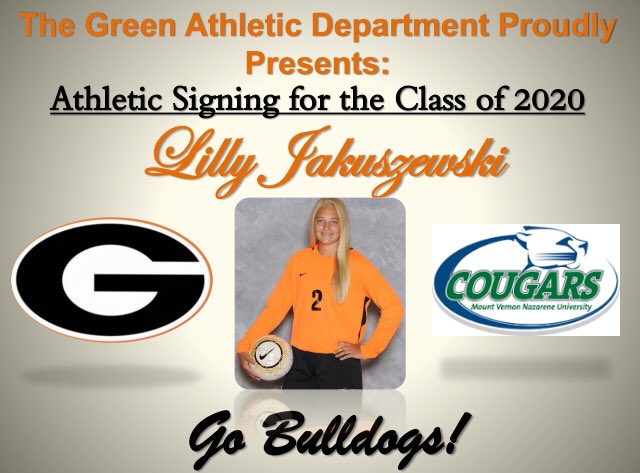 Green_Bulldogs's tweet photo. Congratulations to Lilly Jakuszewski for committing to play soccer at Mount Vernon Nazarene University and pursue an Early Childhood Education degree! #BulldogProud #2020SigningDay https://t.co/Vuda6RkwVK