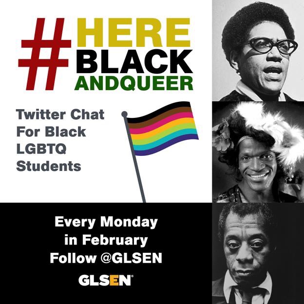 GLSENsnj's tweet photo. For #BlackHistoryMonth we are hosting a twitter chat called #HereBlackAndQueer- which started in 2018 as a project created by GLSEN National Student Council members. The chat's purpose is to center the voices of Black #LGBTQ Students and their experience in schools. https://t.co/cYbVHv1dbi