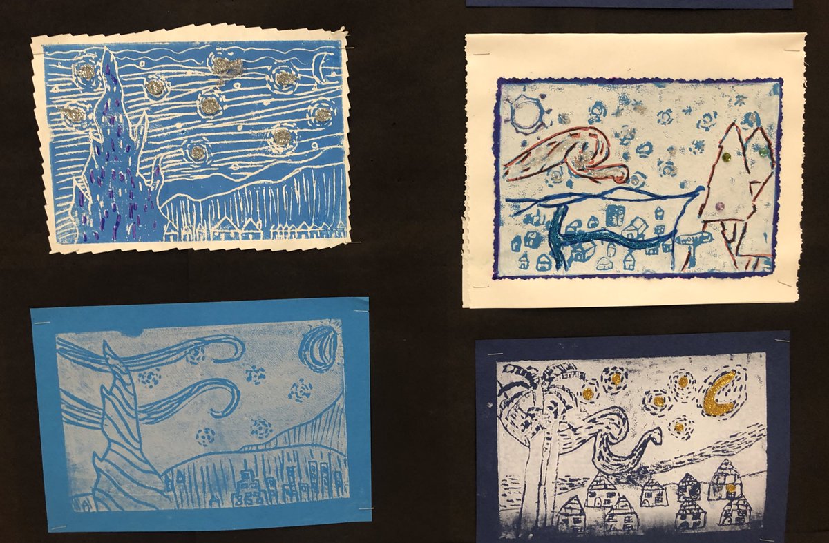 timberlane_art's tweet photo. 6th grade styrofoam printmaking creating their own version of Starry Night using variety of ink and paper colors to make an edition of 5. They embellished some with marker and glitter pens and glitter glue.
#tmsrocks #middeschoolart #starrynightinspired #hvartsed https://t.co/2pjng4DbUX