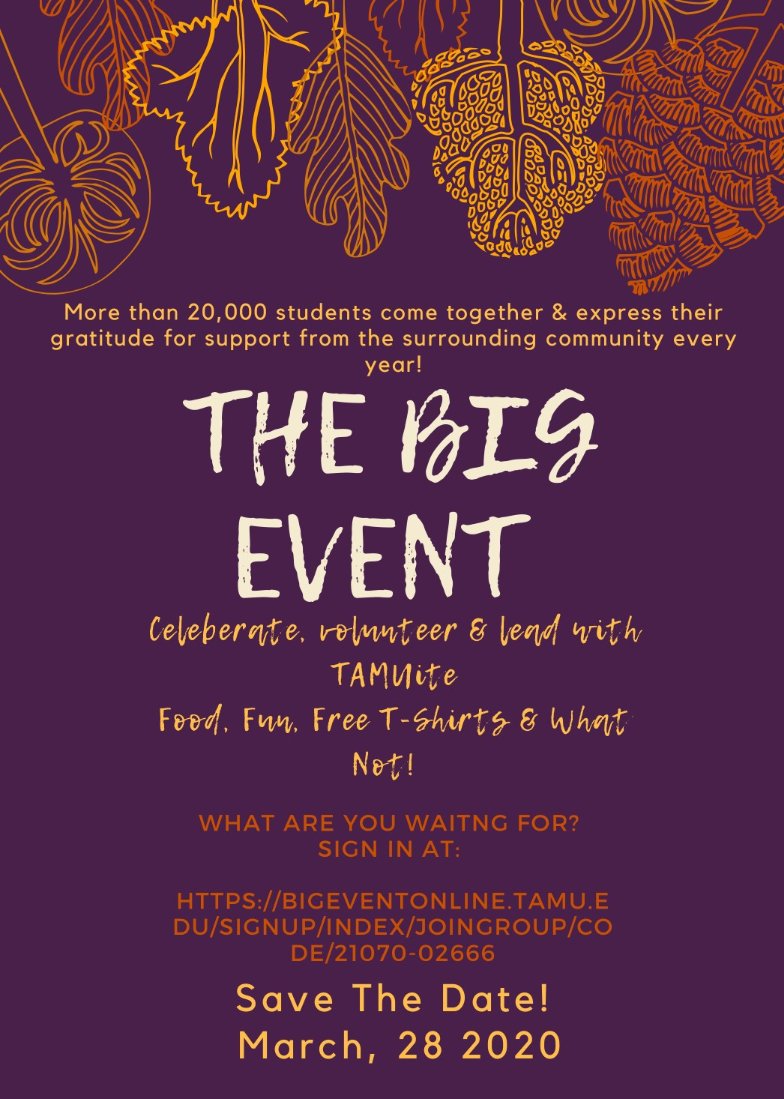 TAMUite (@itetamu) on Twitter photo Howdy!
The Big Event is round the corner!
Come with TAMUite and express gratitude for support from the surrounding community!
Register for the big event by Link~
Deadline to register- February, 10!
Thanks & Gig'em!
bigeventonline.tamu.edu/signup/index/j…
<a href="/TAMUCVEN/">TAMU Civil & Environmental Engineering</a>,<a href="/TAMUEngineering/">TAMU Engineering</a>, <a href="/ITETAMU/">TAMUite</a> Howdy!
The Big Event is round the corner!
Come with TAMUite and express gratitude for support from the surrounding community!
Register for the big event by Link~
Deadline to register- February, 10!
Thanks & Gig'em!
bigeventonline.tamu.edu/signup/index/j…
<a href="/TAMUCVEN/">TAMU Civil & Environmental Engineering</a>,<a href="/TAMUEngineering/">TAMU Engineering</a>, <a href="/ITETAMU/">TAMUite</a>