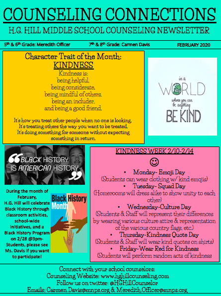 HGHillCounselor's tweet photo. Hey @HGHillMiddle check out your February issue of #CounselingConnections for all you need to know about #KindnessWeek2020! 😀😀😀😀😀 @DrCarrieJones @MNPScounselors https://t.co/LfviIXAHzv