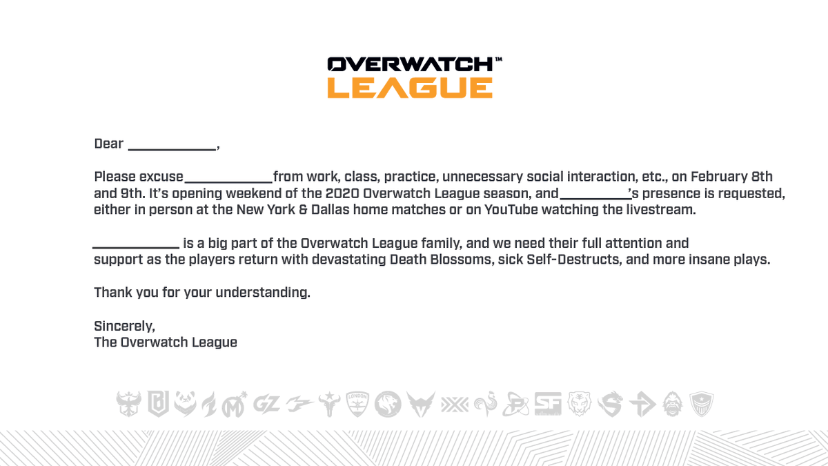 OW_Esports's tweet photo. Presenting your #OWL2020 get out of *anything* free card 📝 

Thank us later, see ya Saturday 😉 https://t.co/dPQh2pDLTx