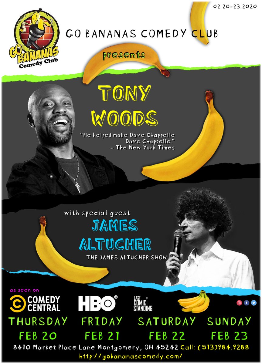 MrGeraldLee's tweet photo. "Go Bananas" w/Tony Woods &amp; James Altucher in Cincinnati, OH! February 20, 21, 22, &amp; 23! (flyer designed by me for them because Tony &amp; James are dope) 🔥 https://t.co/sHQmgvTcWW