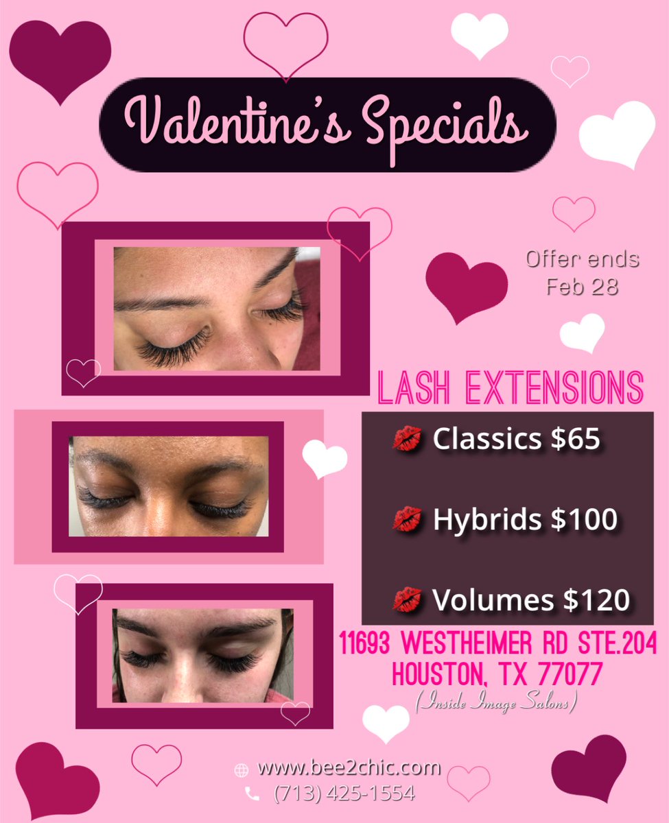 💘Valentine’s Special 💘

Call or Text 713.425.1554

#ValentinesDayGifts #lashextensions #houstonlashes #quinceañera #alieflashes #houstonbrides #alief #memorialcity #missionbend #katytx #royaloaks #westheimer #westoaksmall #westchase #westhouston #energycorridor #Valentines