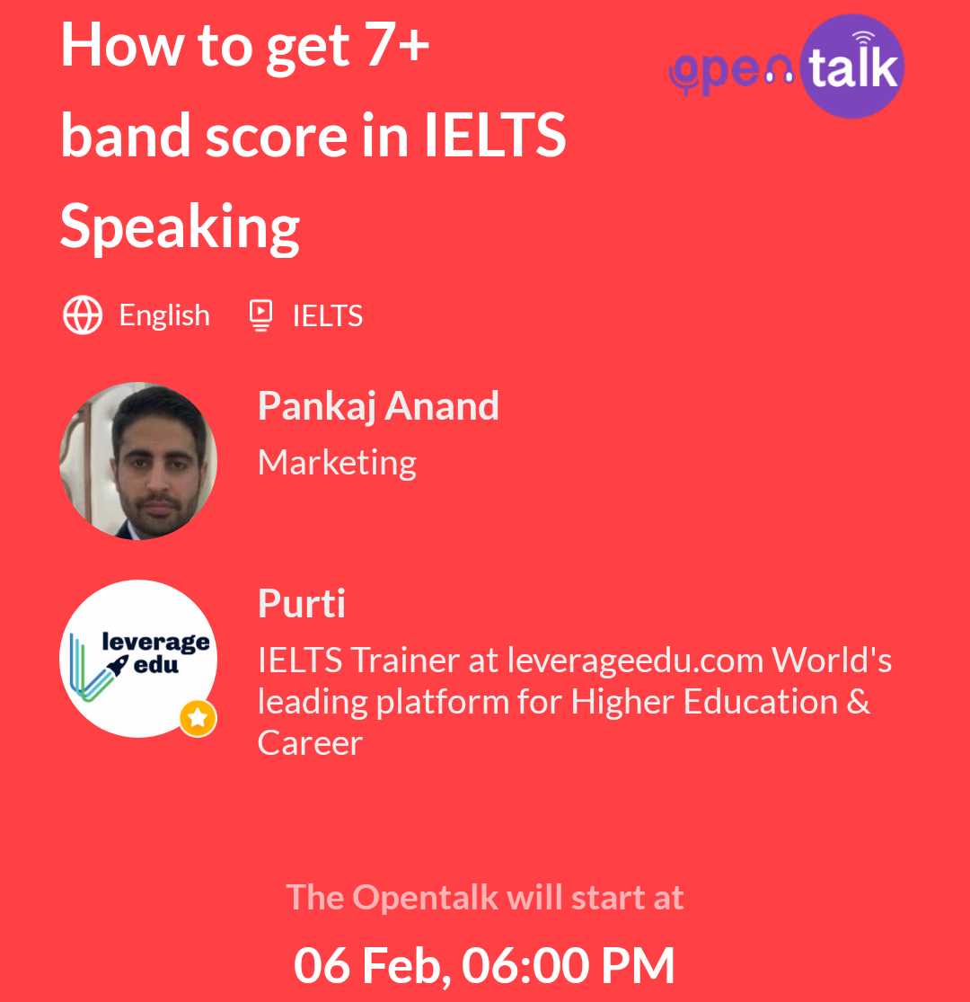 Opentalk FM (@opentalk) on Twitter photo Hi there! here is an upcoming Opentalk on "How to get 7+ band score in IELTS Speaking" by Pankaj Anand and Purti on 6th Feb 2020, 6pm IST
This Opentalk is brought to you by <a href="/leverageedu/">Leverage Edu</a>
opentalk.to/listen/how-to-… Hi there! here is an upcoming Opentalk on "How to get 7+ band score in IELTS Speaking" by Pankaj Anand and Purti on 6th Feb 2020, 6pm IST
This Opentalk is brought to you by <a href="/leverageedu/">Leverage Edu</a>
opentalk.to/listen/how-to-…