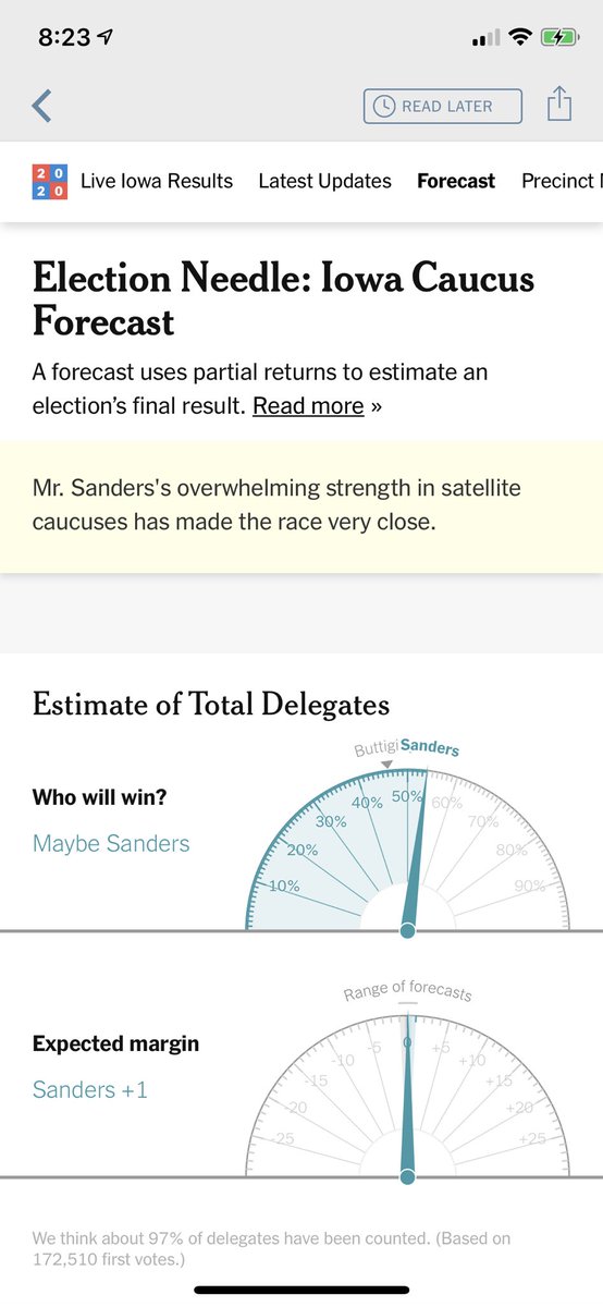 victorguinot's tweet photo. Ayer, el @nytimes daba a Buttigieg un 80% de probabilidad de ganar los #IowaCaucuse. Hoy dice esto. https://t.co/AgBnaDiZ1F