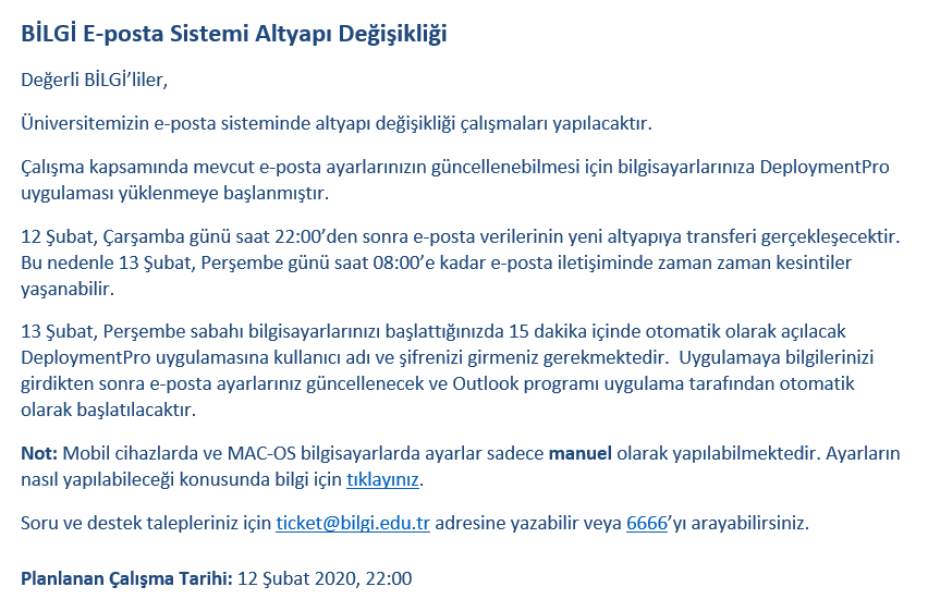 BİLGİ E-posta sistemi altyapı değişikliği hakkında bilgilendirme metini.