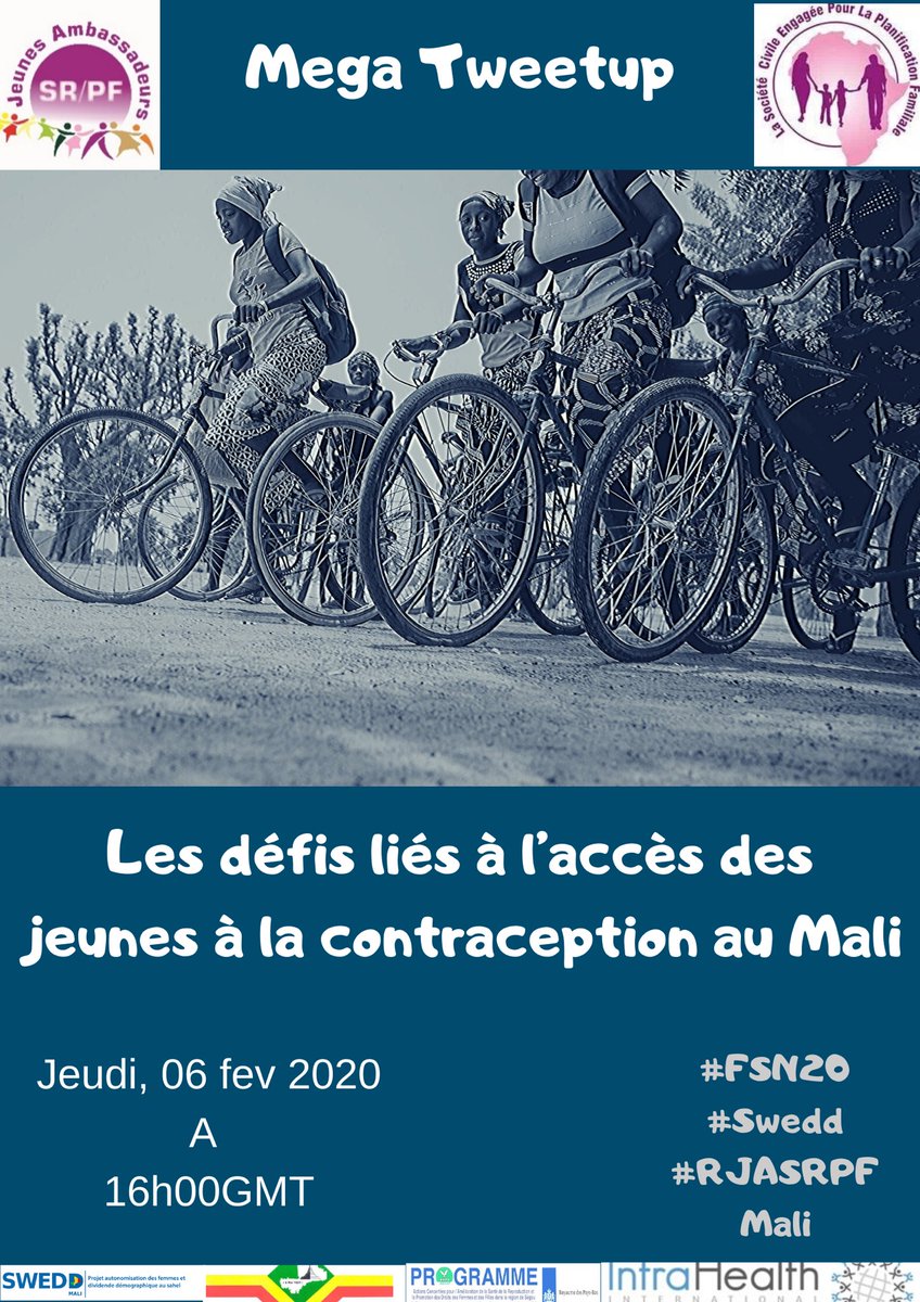 Nous vous invitons à nous rejoindre demain à 16h00GMT pour un mega tweet up à travers la page <a href="/RJASRPFMALI/">Reseau des jeunes Ambassadeurs SR/PF MALI</a> pour parler des défis autour  de l’accès des jeunes à la contraception au #Mali 
#SweddMali
#FSN2020
#RJASRPFMali
#FP2020