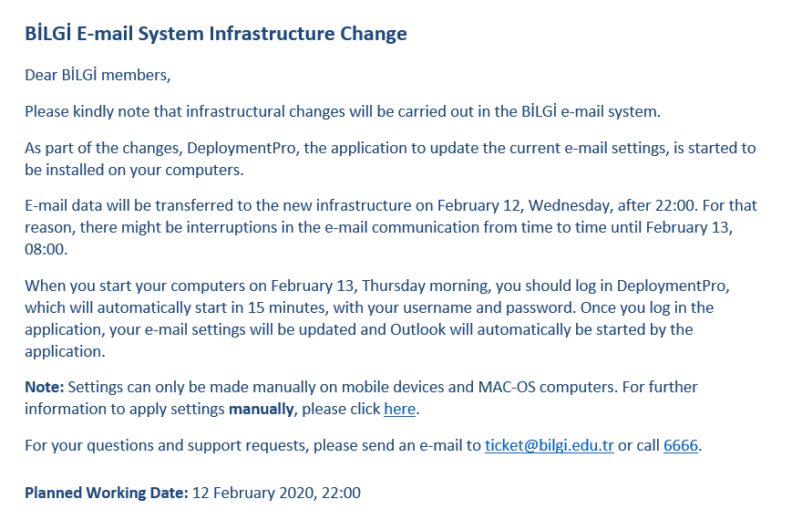 Bilgi E-mail system infastructure change