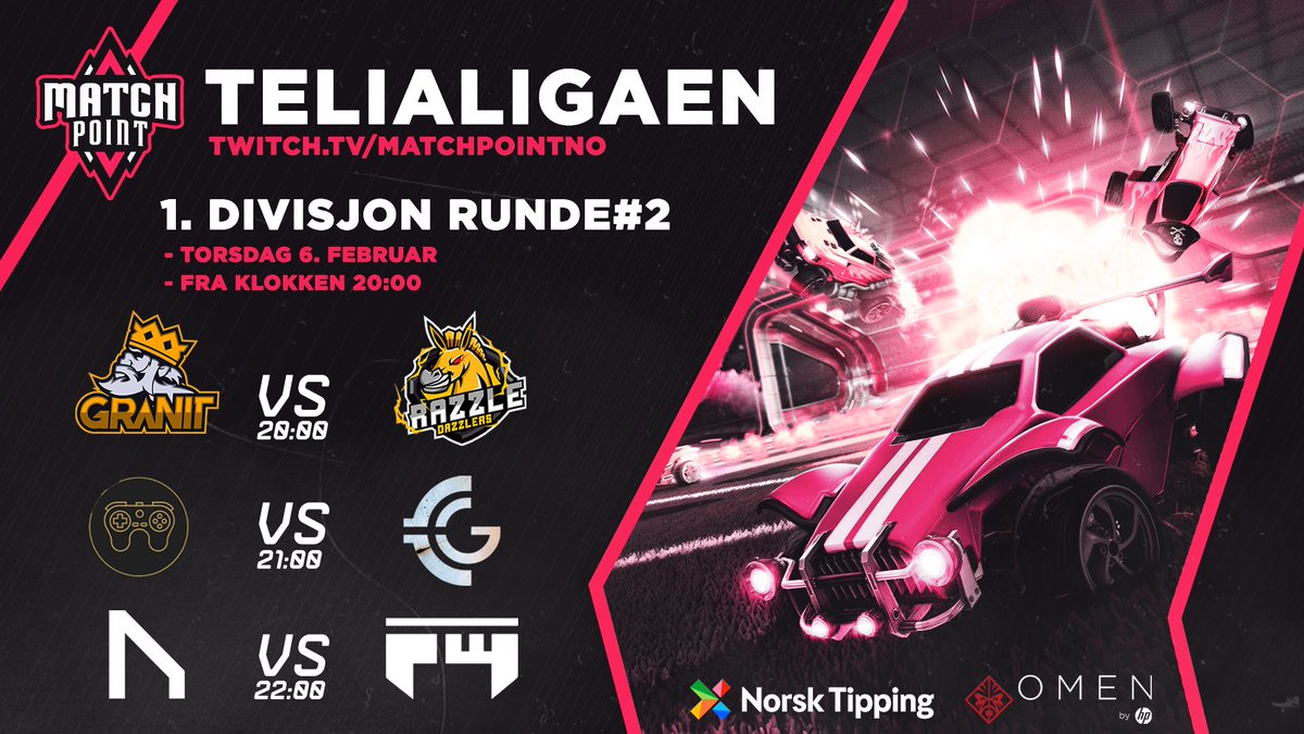🇳🇴Neste runde av Telialigaen Rocket League ser slik ut på twitch.tv/matchpointno i kveld fra klokken 20:00🇳🇴