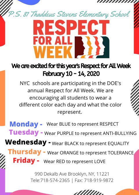 PS81BK's tweet photo. Join us as we celebrate RESPECT FOR ALL week! https://t.co/TiEPDSvF6y