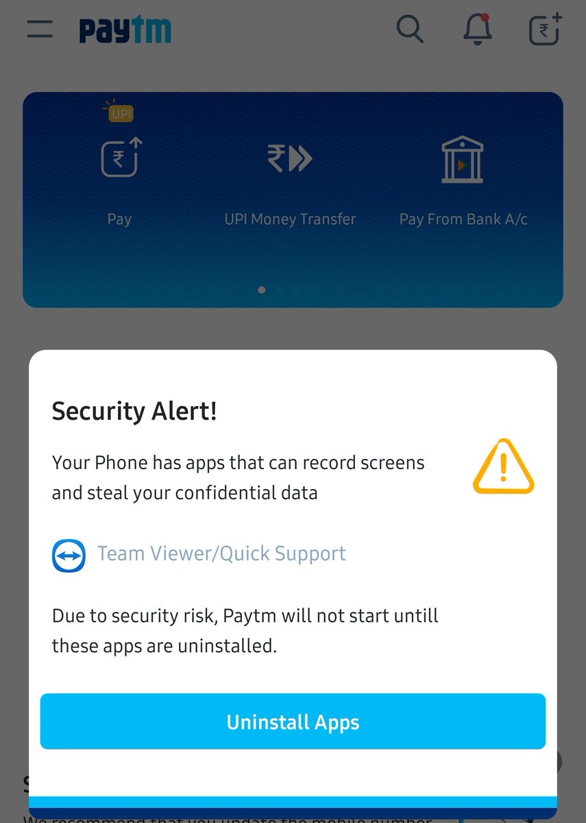 c0dist's tweet photo. Hmm...

I can understand warning users about presence of potentially harmful apps, but forcing them to uninstall in order to use @Paytm is not nice. https://t.co/oUzG0aa5oN