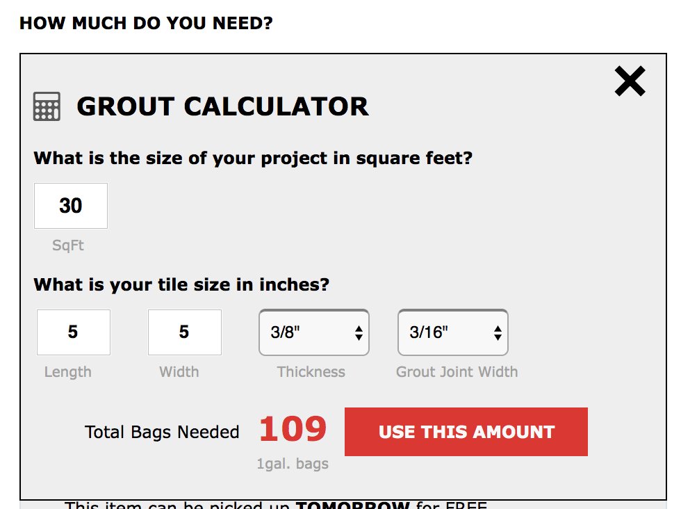 nkney's tweet photo. @flooranddecor You might want to check your Grout Calculator. Apparently I need 109 1 Gallon Bags of grout to tile my meager 30 sqft of kitchen backsplash. Or i dunno...maybe I do need 3 barrels of grout. https://t.co/D5XbONdwRX