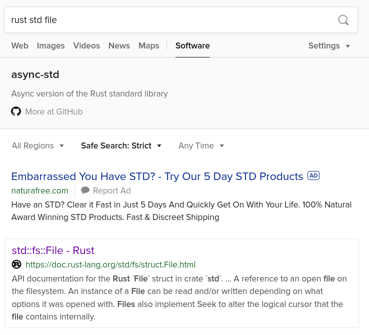 A search result page for "rust std file", with an advertising "embarrassed you have an STD?".