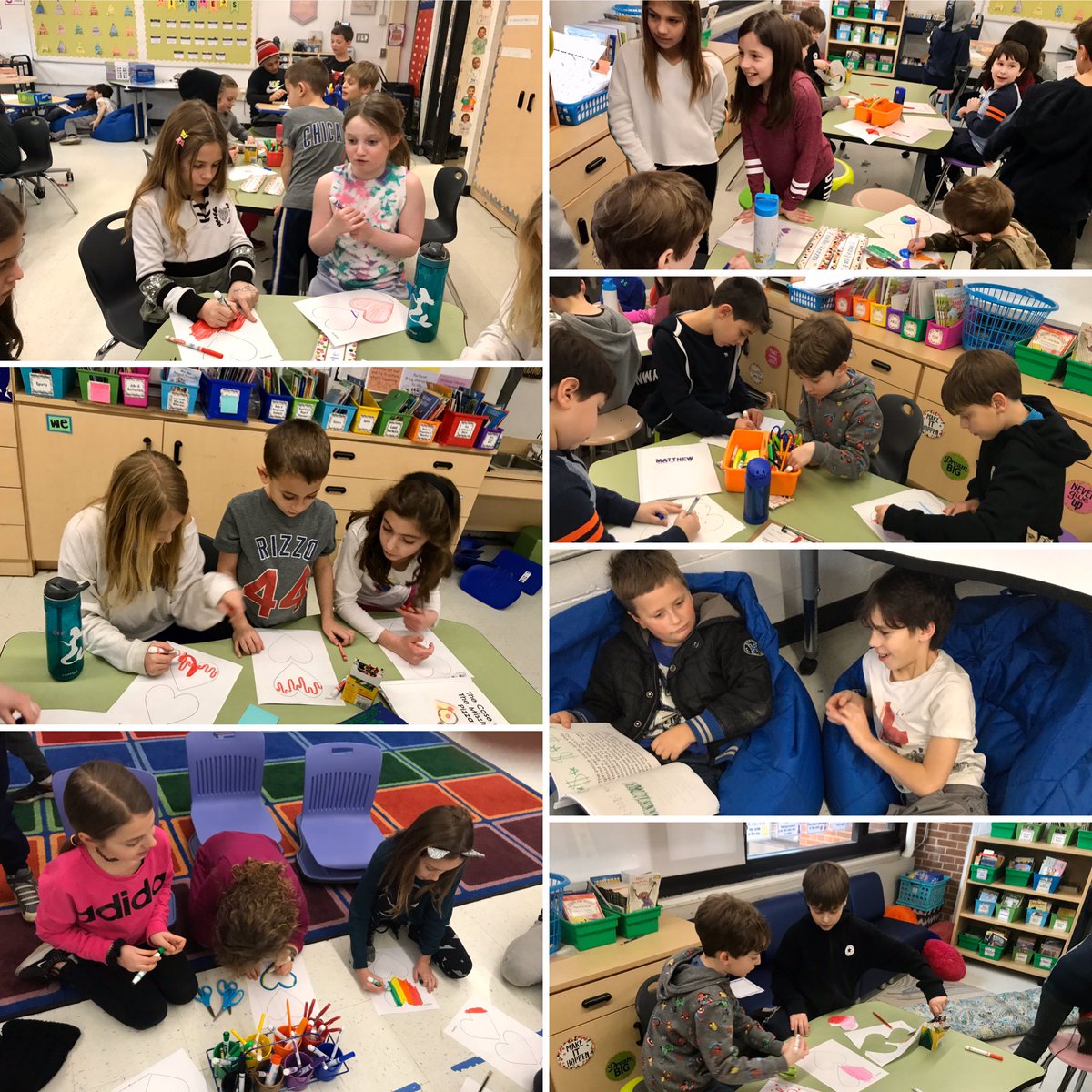 Working on Valentine hearts, writing kind notes, and listening to 2nd grade buddies read 7th grade picture books ⁦<a href="/Curran_Crew/">Curran Crew</a>⁩ #kip109 #engage109