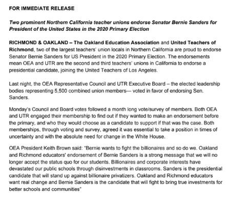 NY BATs (@nybats) on Twitter photo OAKLAND TEACHERS ENDORSE: Second largest CA union backs <a href="/SenSanders/">Bernie Sanders</a> “he wants to take on the billionaires and so do we”. Imagine fighting for inner city kids instead of egotistical rich campaign donors! <a href="/CaliBats/">Cali Bats</a> <a href="/AZBatsA/">Arizona Bats</a> <a href="/WaBATs_/">Wa Badass Teachers A</a> #tbats #redfored <a href="/rweingarten/">Randi Weingarten 🇺🇸❌👑💪🏿👩🎓🟣🇺🇦</a> <a href="/ZephyrTeachout/">Zephyr Teachout</a> OAKLAND TEACHERS ENDORSE: Second largest CA union backs <a href="/SenSanders/">Bernie Sanders</a> “he wants to take on the billionaires and so do we”. Imagine fighting for inner city kids instead of egotistical rich campaign donors! <a href="/CaliBats/">Cali Bats</a> <a href="/AZBatsA/">Arizona Bats</a> <a href="/WaBATs_/">Wa Badass Teachers A</a> #tbats #redfored <a href="/rweingarten/">Randi Weingarten 🇺🇸❌👑💪🏿👩🎓🟣🇺🇦</a> <a href="/ZephyrTeachout/">Zephyr Teachout</a>