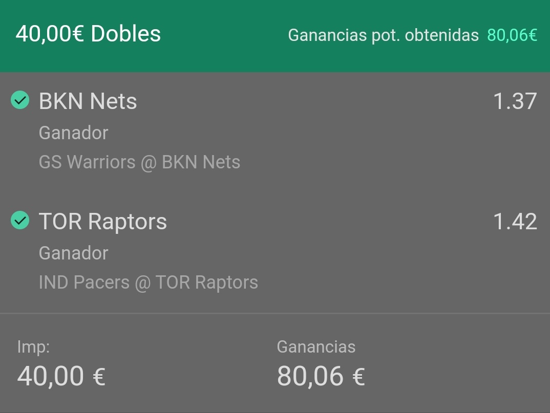 JokerTips3's tweet image. ¡Así nos levantamos un Jueves!

@BrooklynNets @Raptors ganan sus encuentros.