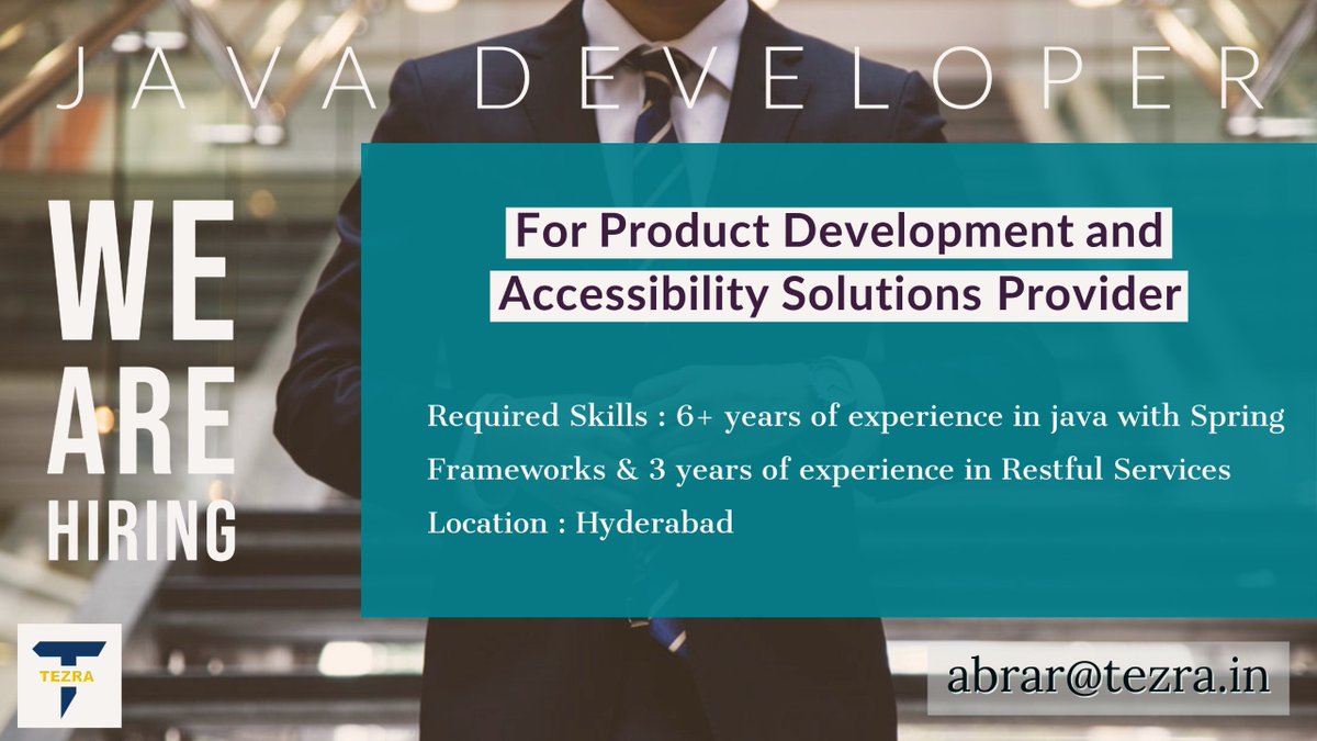 Tezrarecruiter's tweet photo. #hiring #javadeveloper #hyderabad #springframework #restfulservices #java
Contact to abrar@tezra.in https://t.co/GxqjyRDwCx