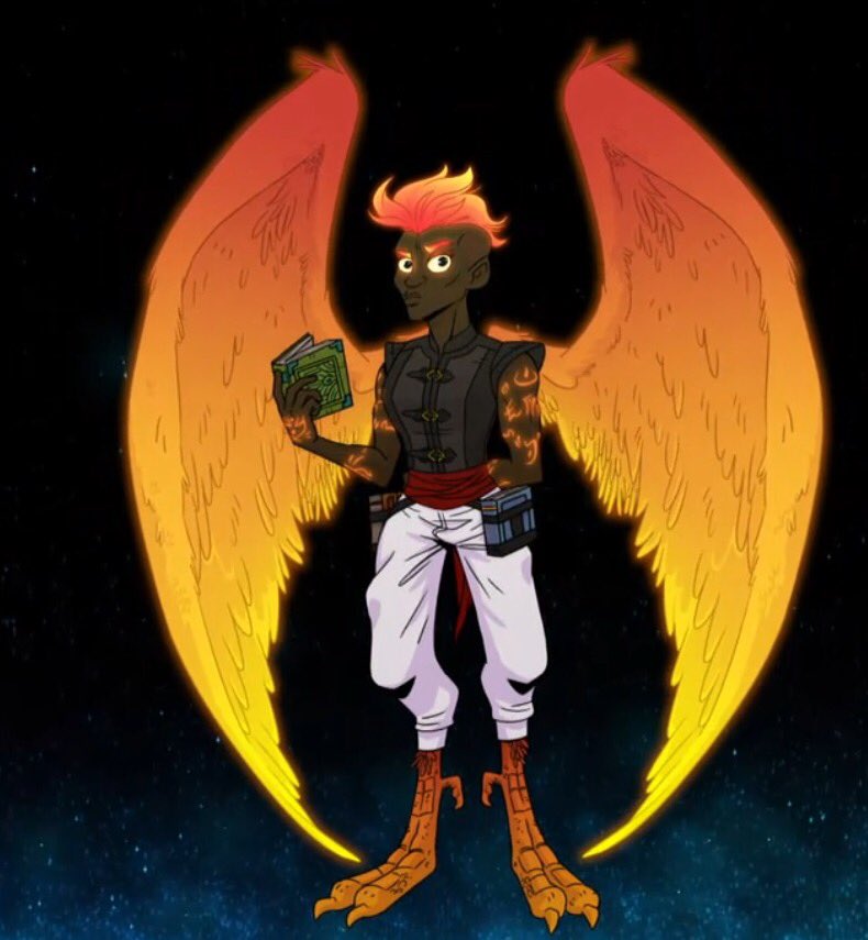 A dark skinned teenage woman with phoenix wings on her back, bird-like legs, and fiery hair with the sides of her head shaved. On her arms there are glowing orange runic tattoos. She wears pirate-like garb and has two books in holsters around her waist. She is holding a third book in one hand and the other is tucked behind her back.