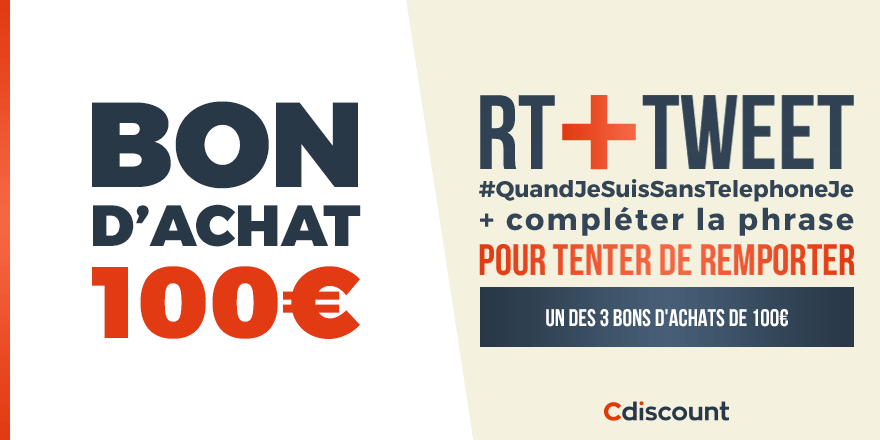 Cdiscount's tweet photo. 🎁 #Concours 

C'est la Journée Mondiale sans téléphone portable ! 🎉

🔸 Pour tenter de remporter un bon d'achat de 100€ : 
RT + #QuandJeSuisSansTelephoneJe + complète la phrase

3 gagnants le 12/02 ➡ https://t.co/Q5ouXGRtLl https://t.co/LsTVXJ2AGb