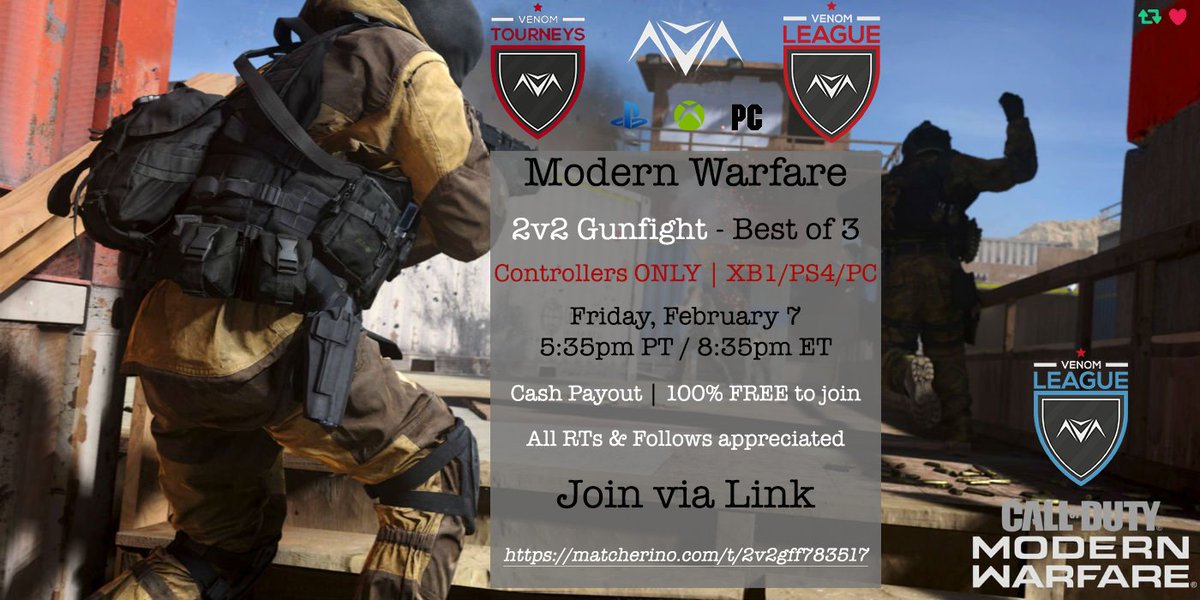 vnmTourney's tweet photo. Congrats to our 2v2 #ModernWarfare Gunfight All-Platform - 10pm ET 🏆#vnmChamps 

Team’s Name🥇 Daniels  

Link(s)/@ 🗣 

@justencarney
 
@Jacob__Jorg

IG: justencarney
IG: jacob_jorg
Twitch: yunggravee
Twitch: backwoodsluckyj

Follow da #vnmChamps #vnmNews #GameON https://t.co/wfdiDKANl5